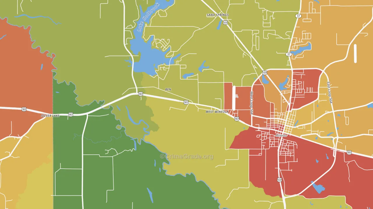 West Mineola, TX Map of Burglary Rates