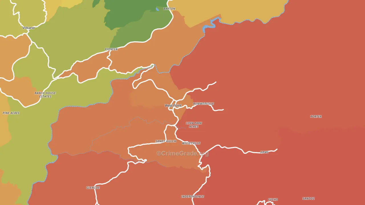 West Point, CA Map of Burglary Rates