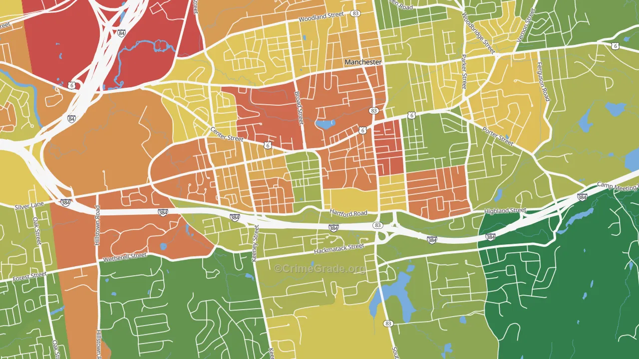 West Side Hartford, Manchester, CT Map of Burglary Rates