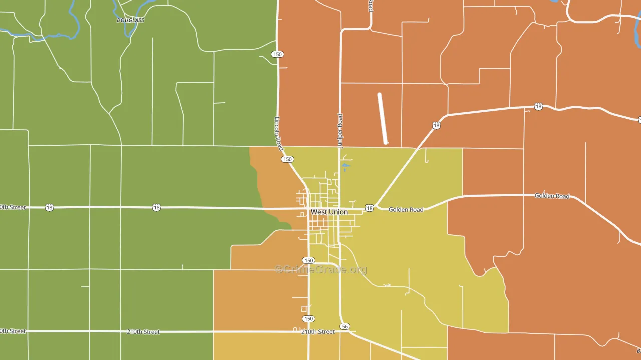 West Union, IA Map of Burglary Rates
