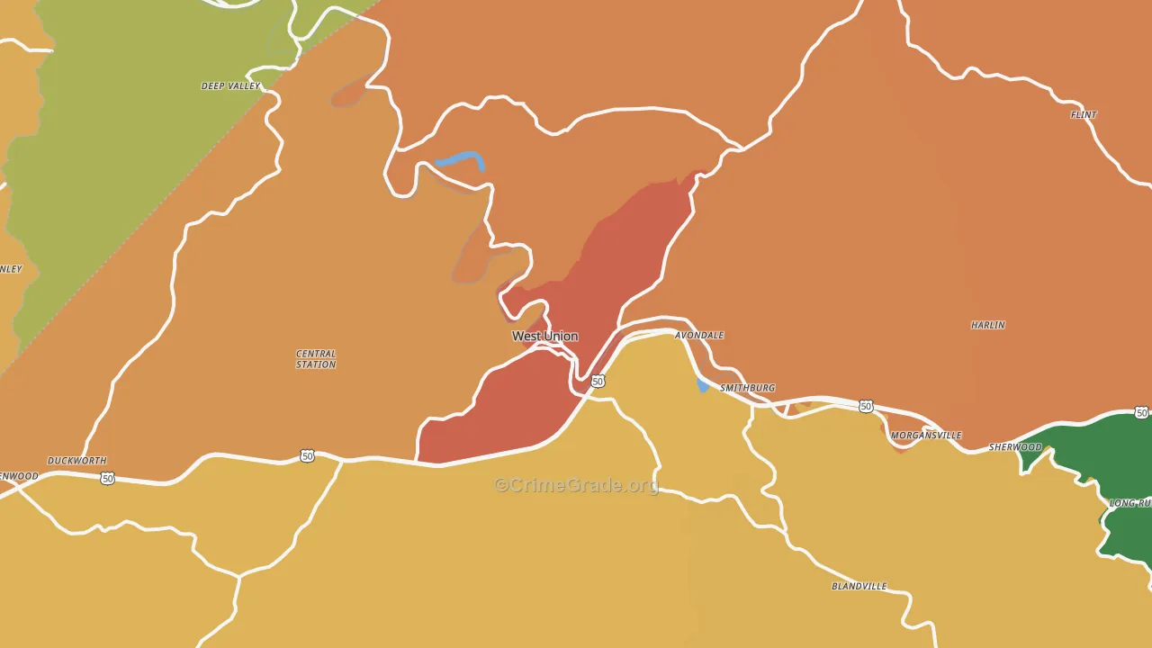 West Union, WV Map of Burglary Rates