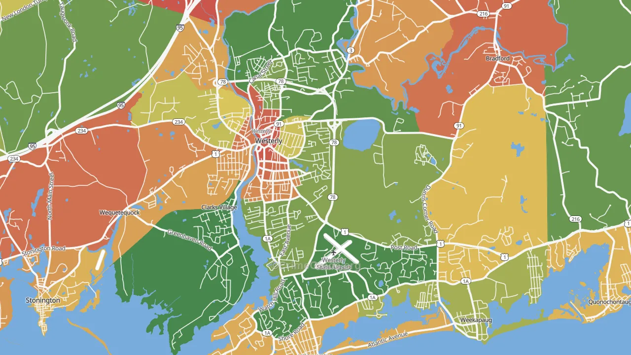 Westerly, RI Map of Burglary Rates