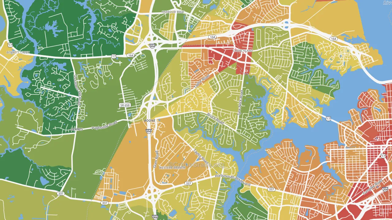 Western Branch North, Chesapeake, VA Map of Burglary Rates