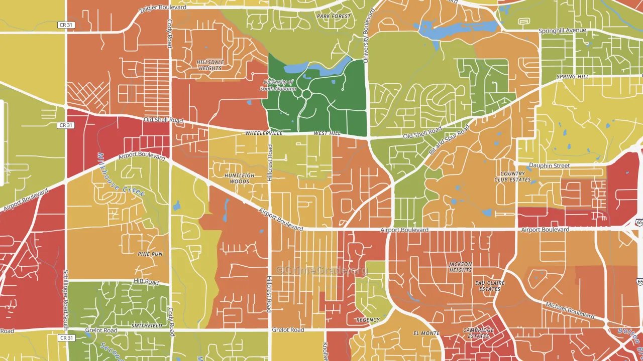 Westhill, Mobile, AL Map of Burglary Rates