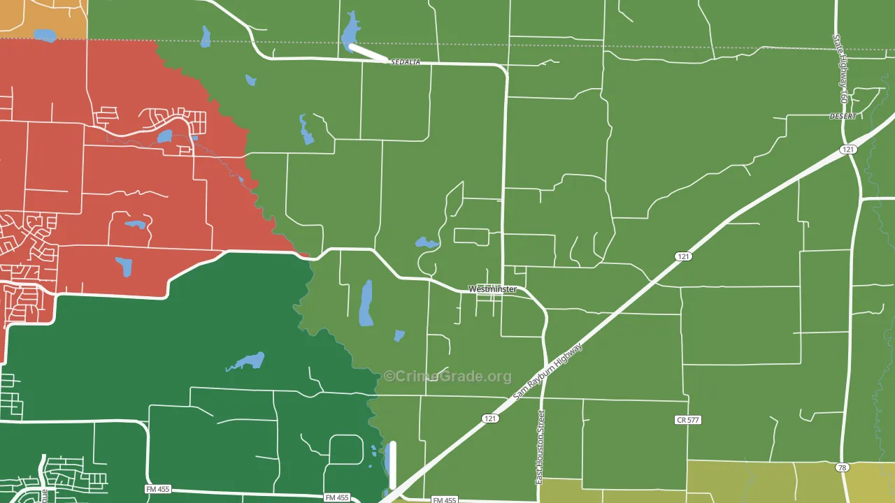 Westminster, TX Map of Burglary Rates