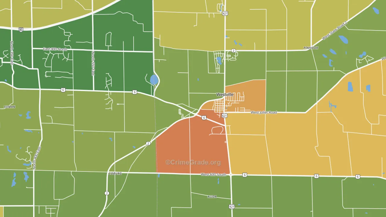 Westville, IN Map of Burglary Rates