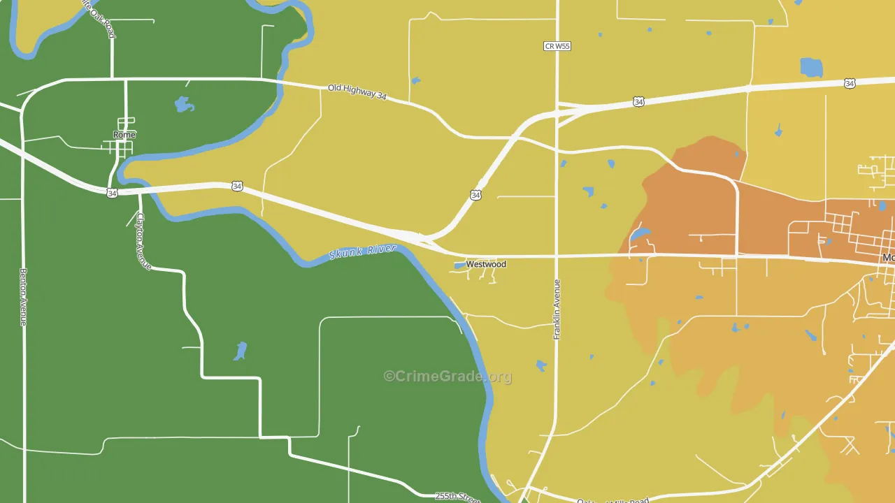 Westwood, IA Map of Burglary Rates