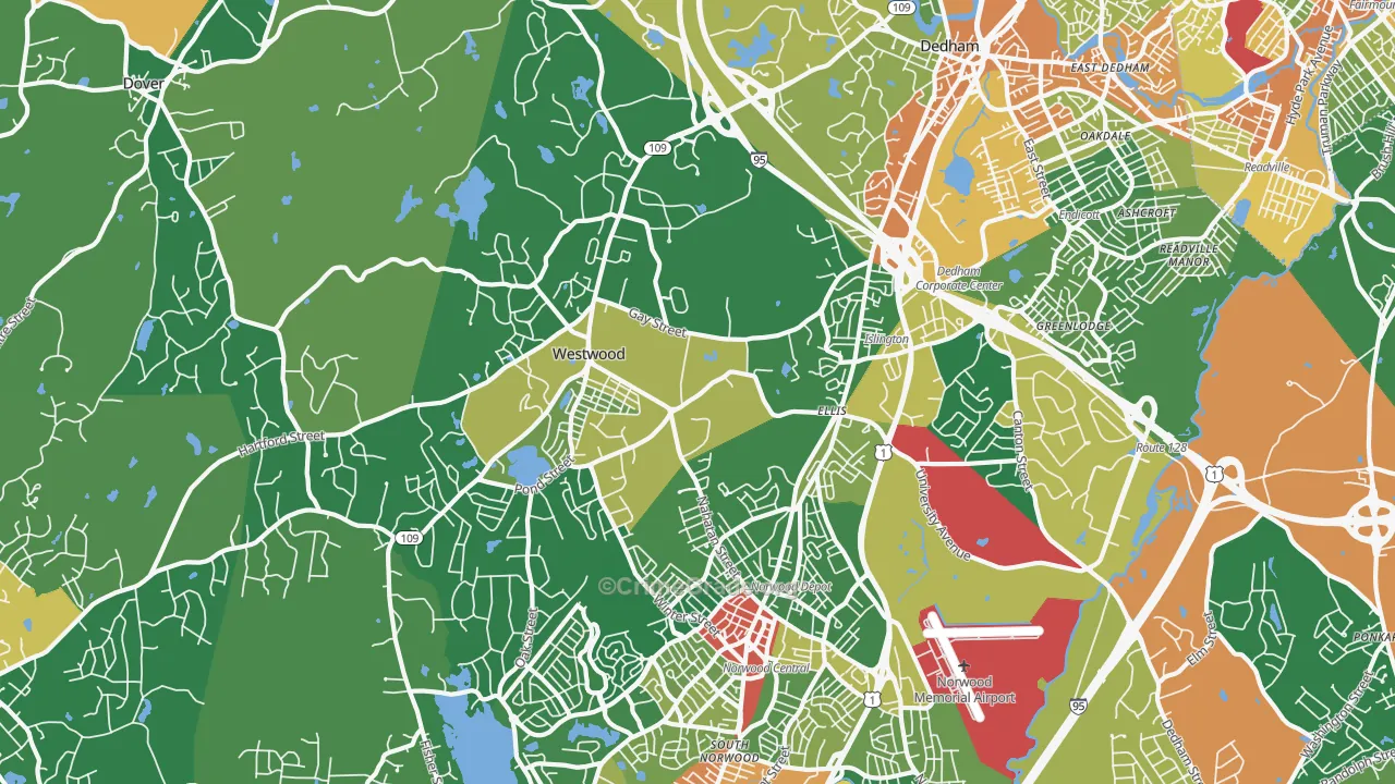 Westwood, MA Map of Burglary Rates