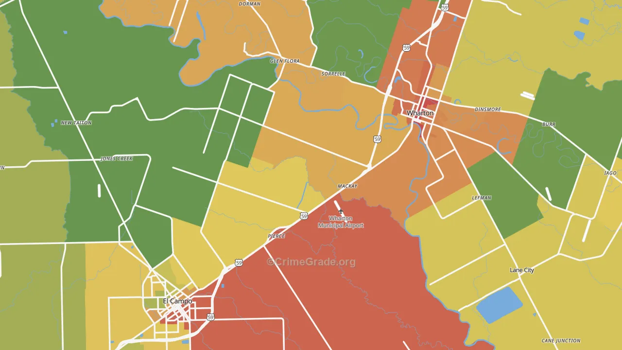 Wharton County, TX Map of Burglary Rates