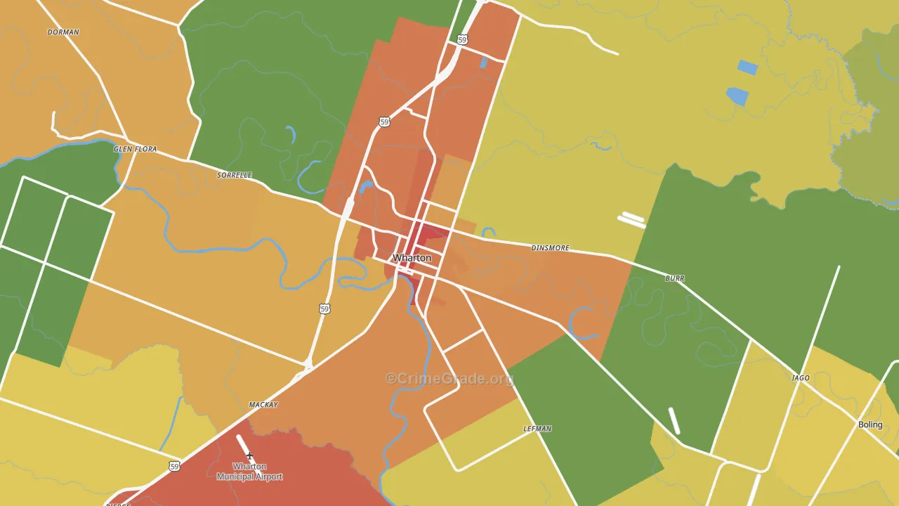 Wharton, TX Map of Burglary Rates