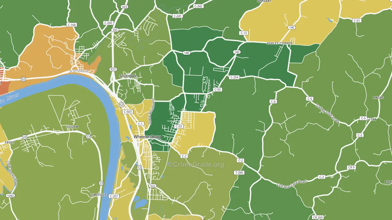 Wheelersburg, OH Map of Burglary Rates