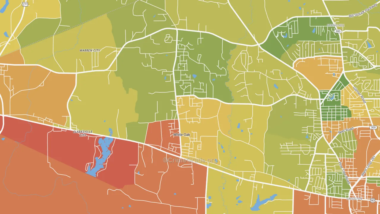 White Oak, TX Map of Burglary Rates