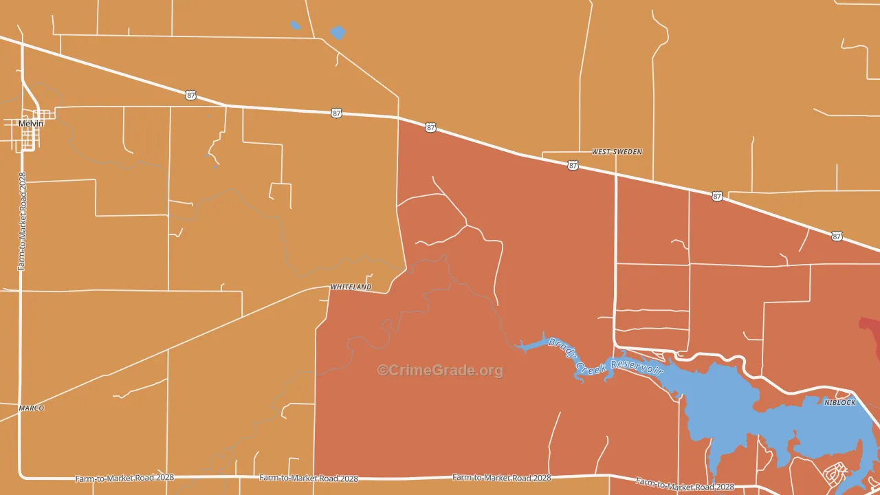 Whiteland, TX Map of Burglary Rates