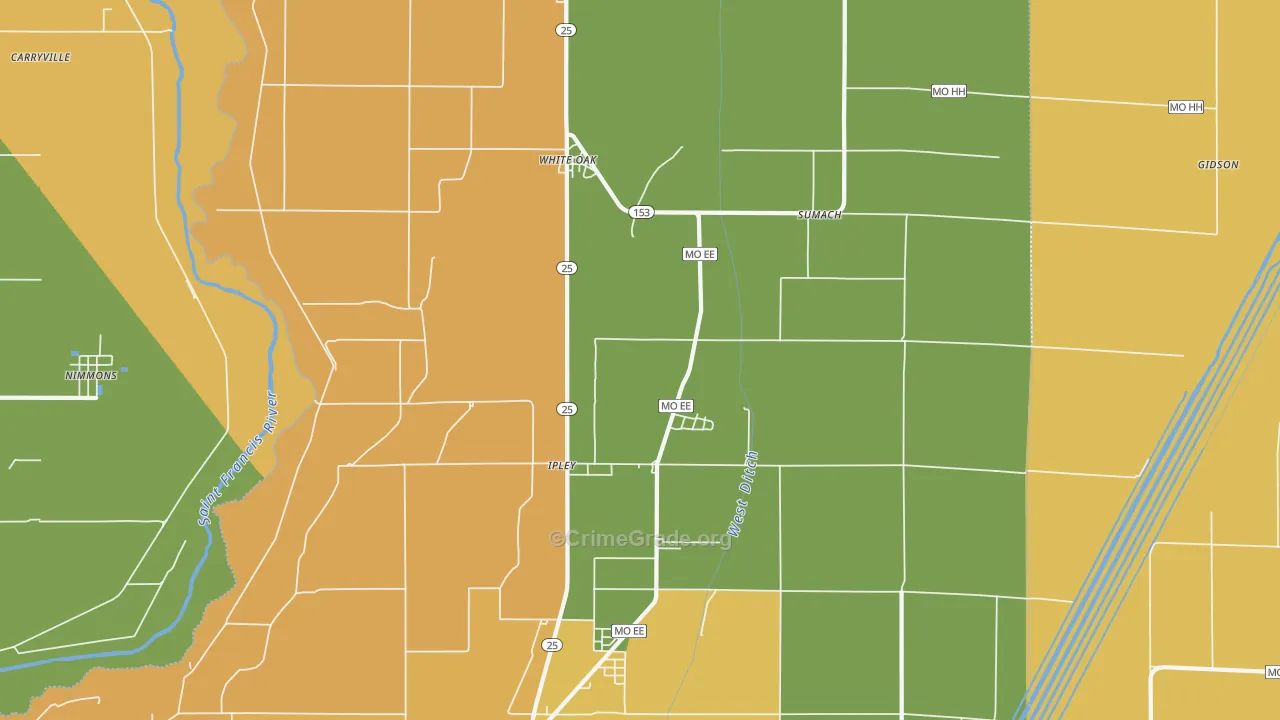 Whiteoak, MO Map of Burglary Rates
