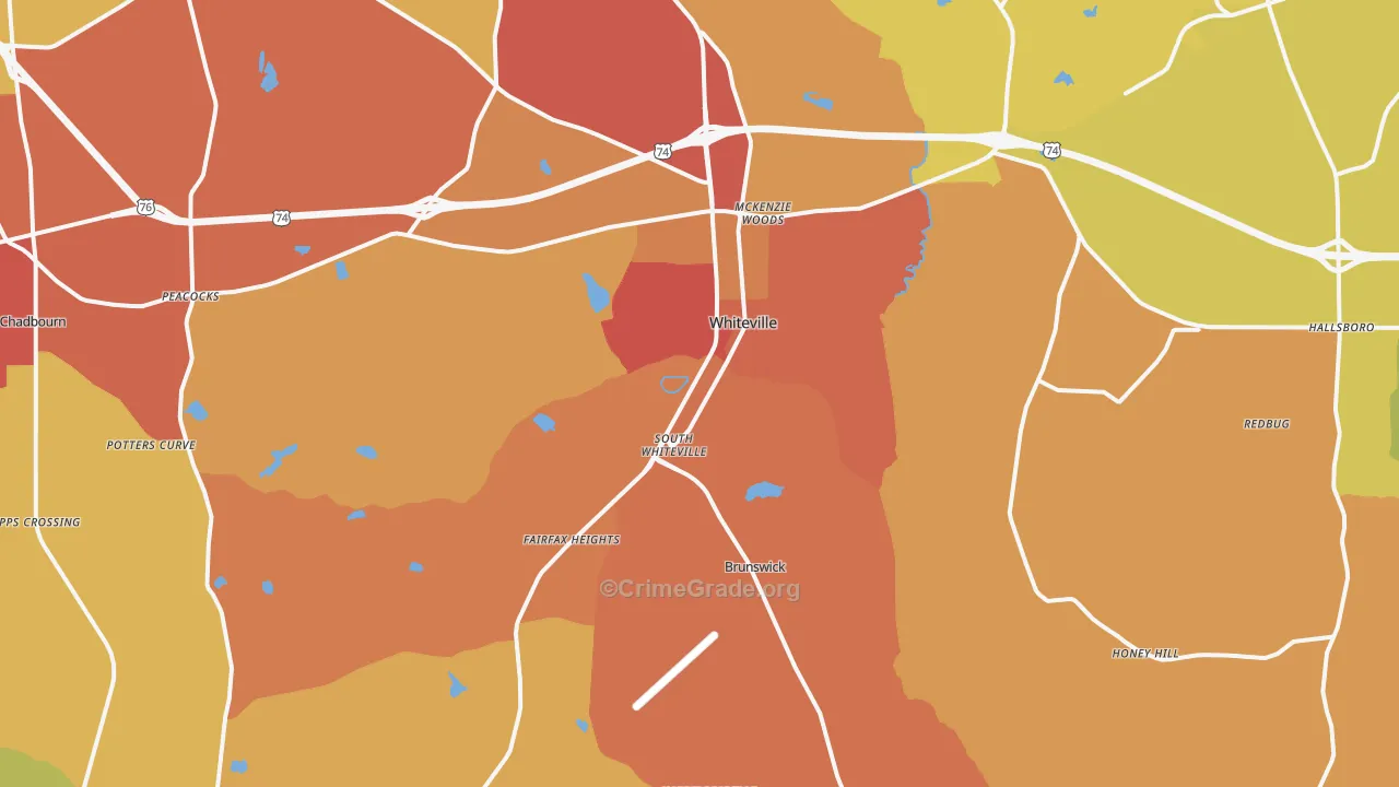 Whiteville, NC Map of Burglary Rates