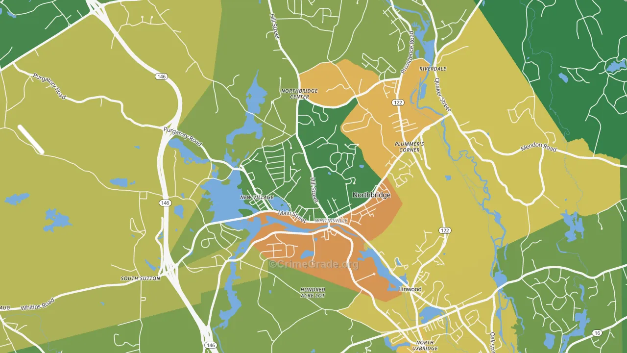Whitinsville, MA Map of Burglary Rates