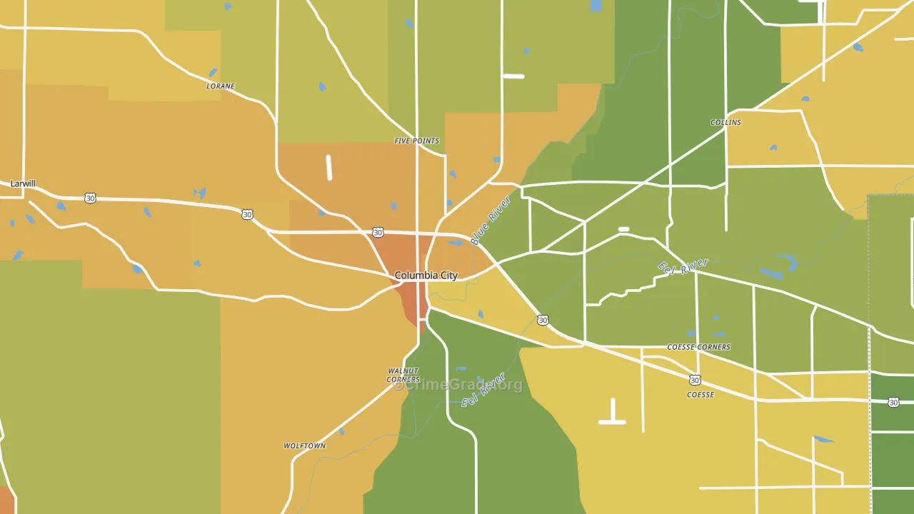 Whitley County, IN Map of Burglary Rates