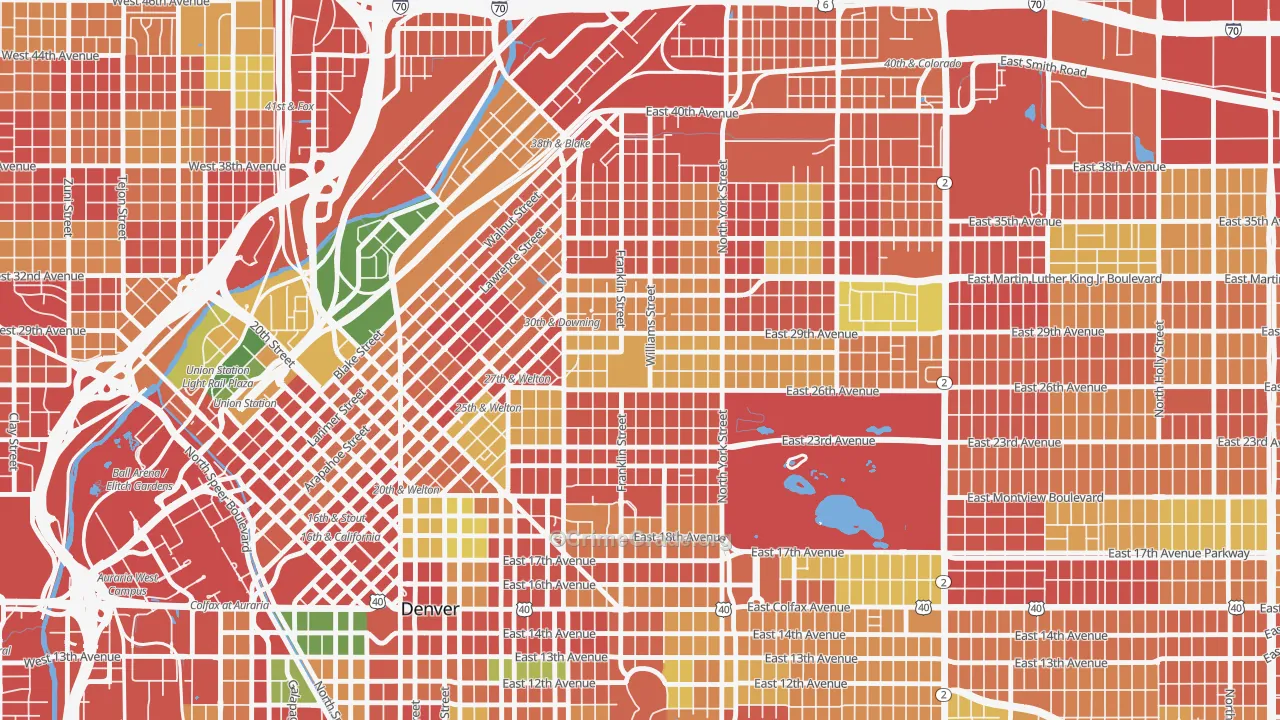 Whittier, Denver, CO Map of Burglary Rates