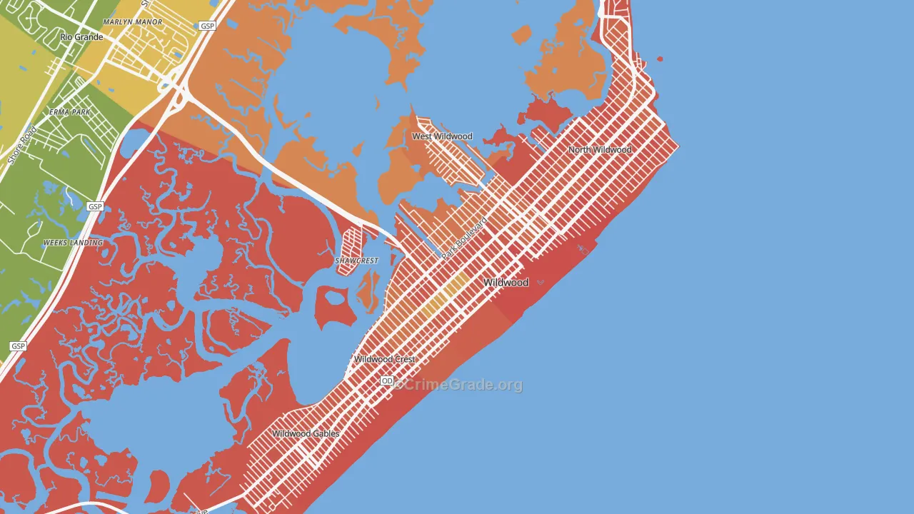 Wildwood, NJ Map of Burglary Rates