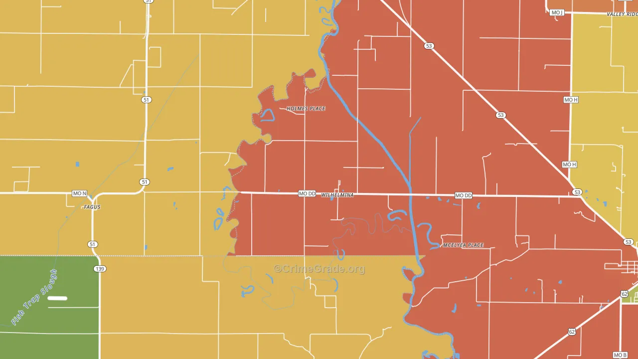 Wilhelmina, MO Map of Burglary Rates