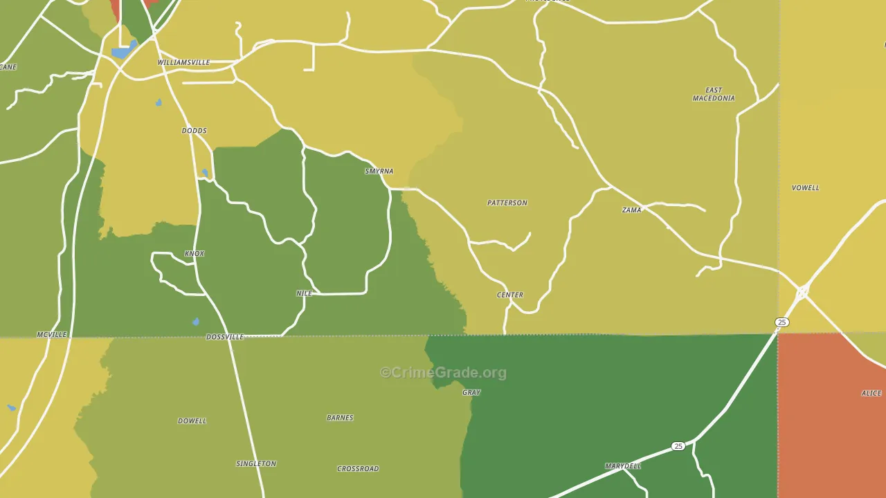 Williamsville, MS Map of Burglary Rates