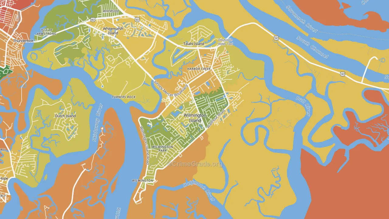 Wilmington Island, GA Map of Burglary Rates