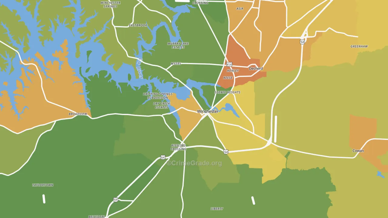 Winchester, TN Map of Burglary Rates