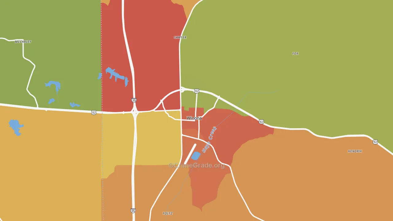 Winona, MS Map of Burglary Rates