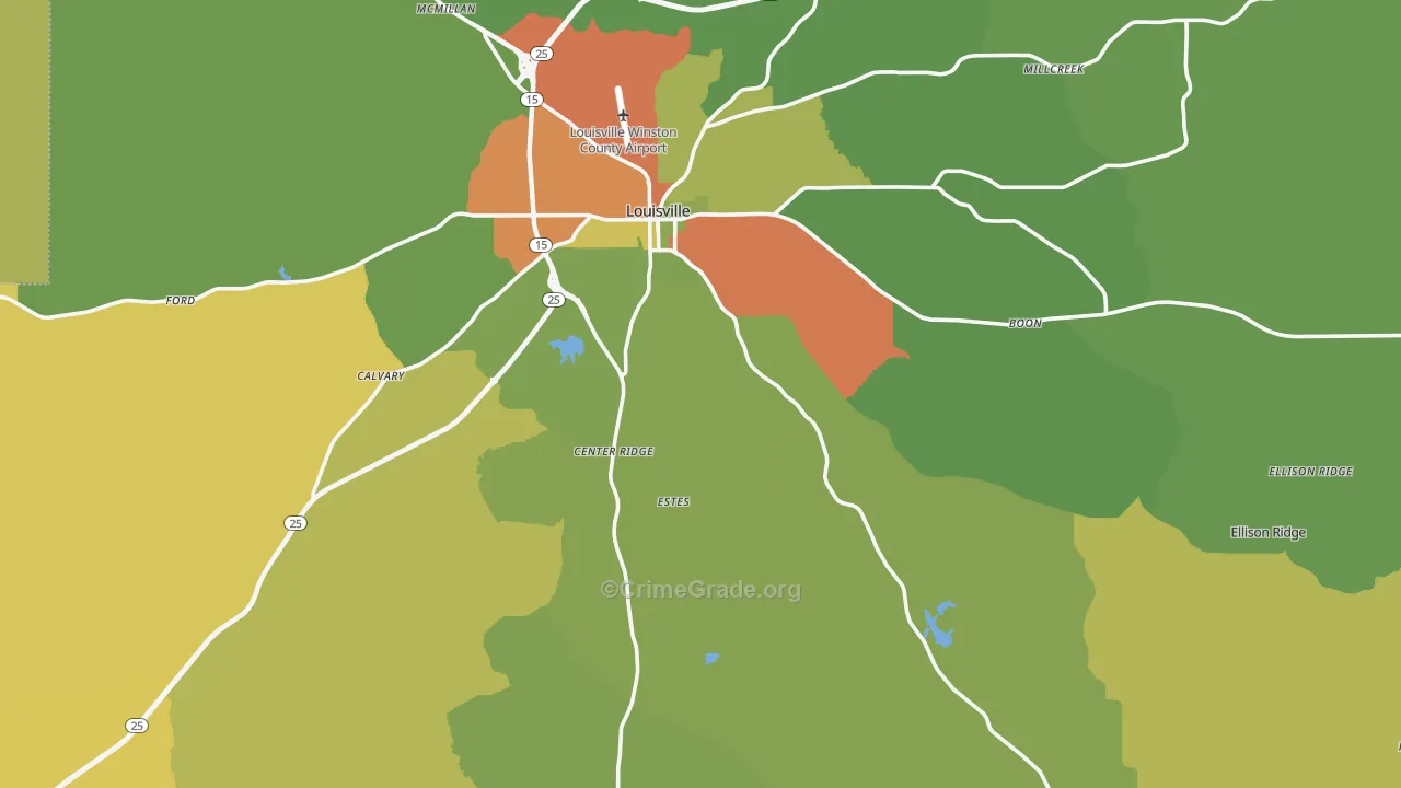 Winston County, MS Map of Burglary Rates