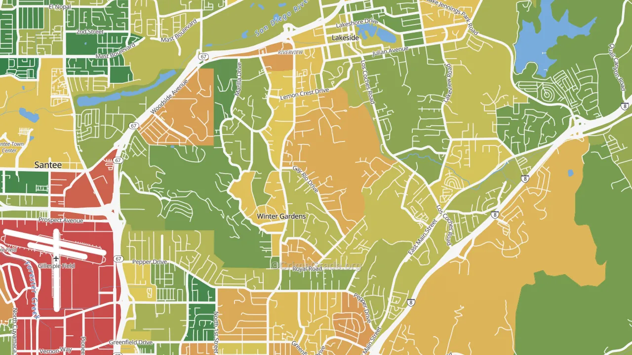 Winter Gardens, Lakeside, CA Map of Burglary Rates