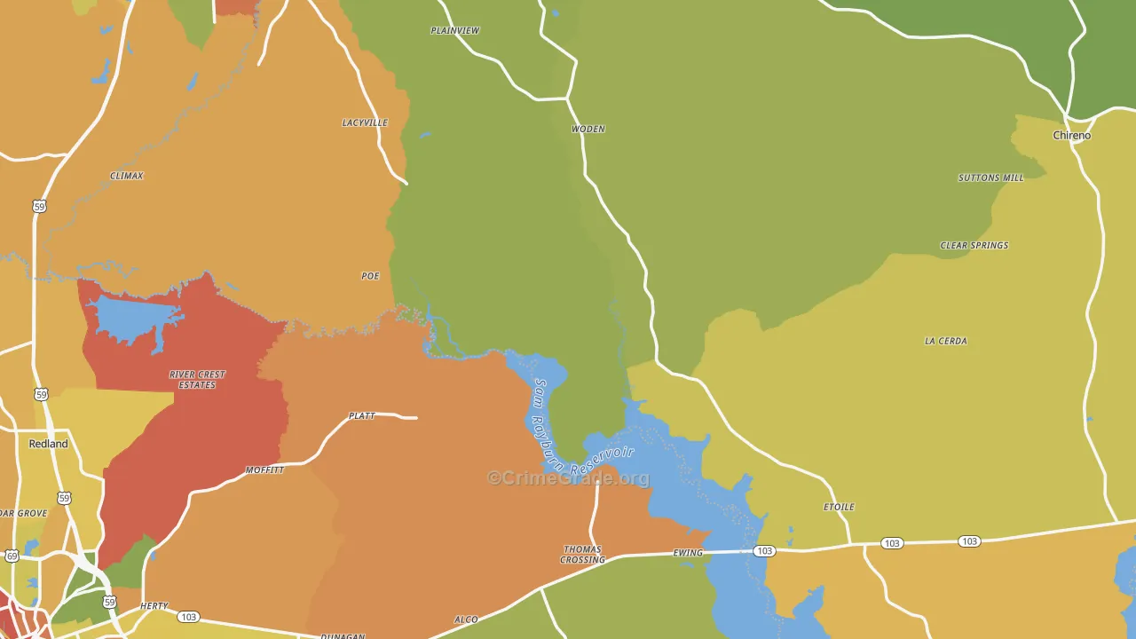 Woden, TX Map of Burglary Rates
