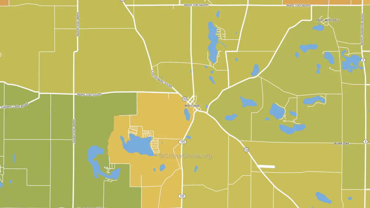 Wolflake, IN Map of Burglary Rates