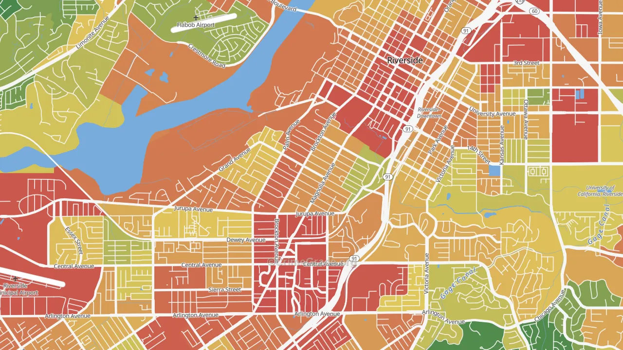 Wood Streets, Riverside, CA Map of Burglary Rates