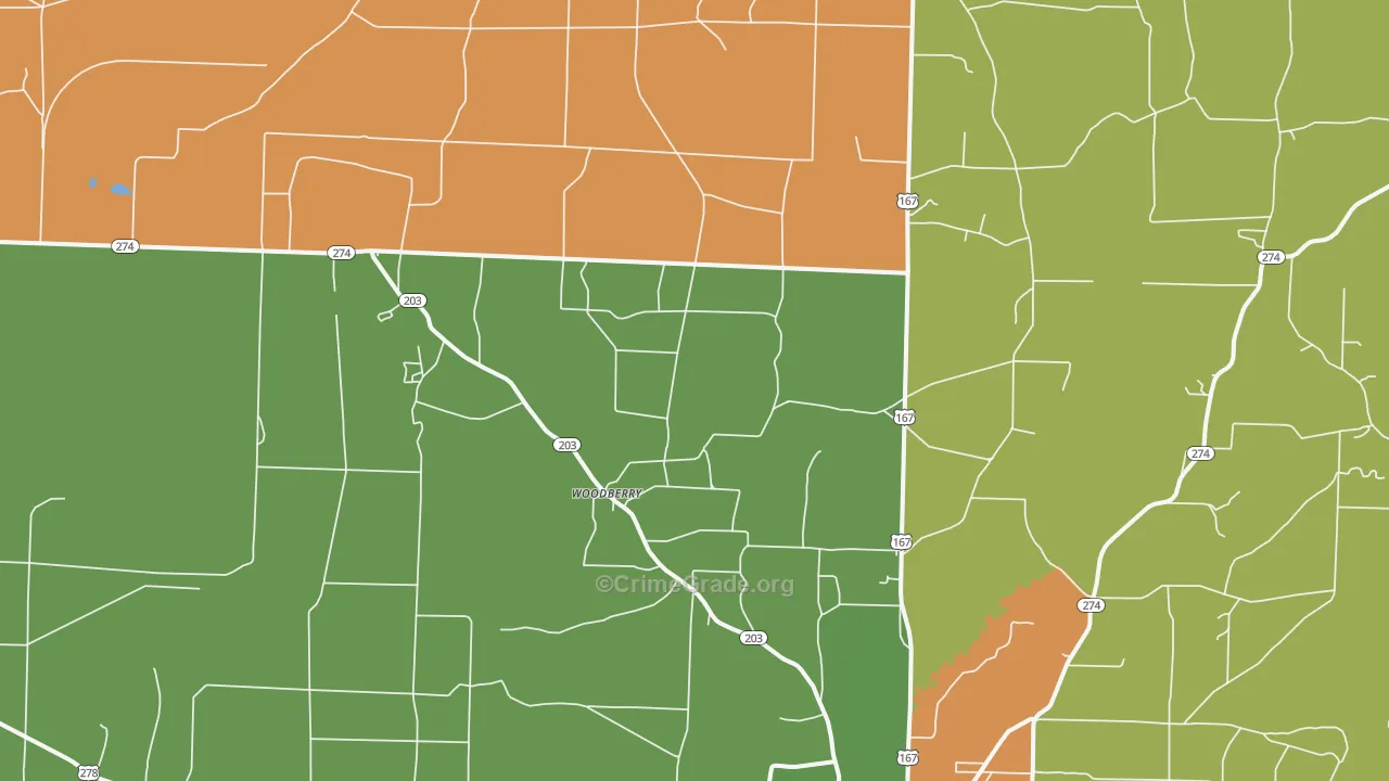 Woodberry, AR Map of Burglary Rates