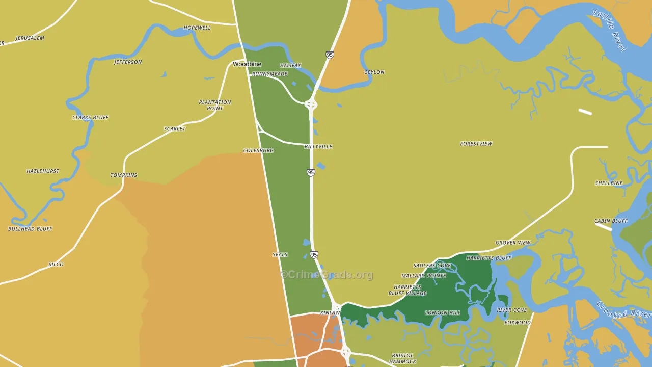 Woodbine, GA Map of Burglary Rates