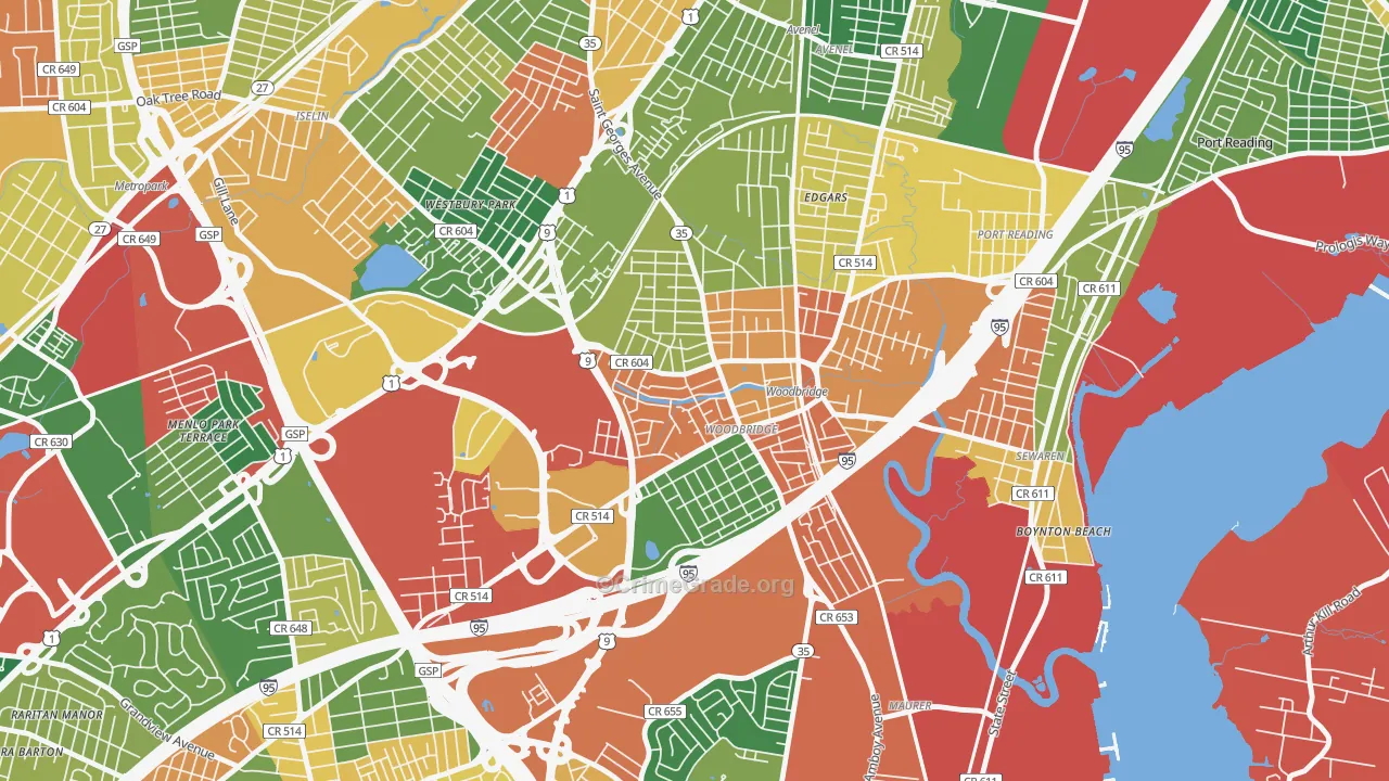 Woodbridge, NJ Map of Burglary Rates