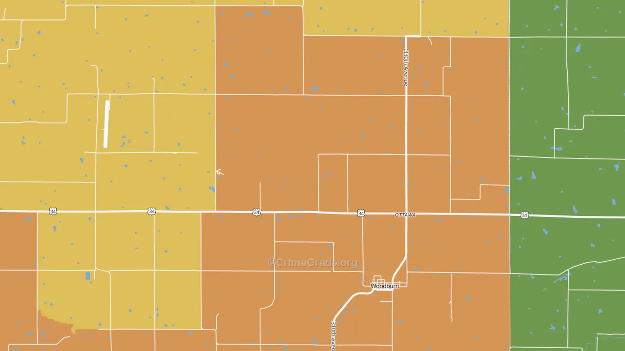 Woodburn, IA Map of Burglary Rates