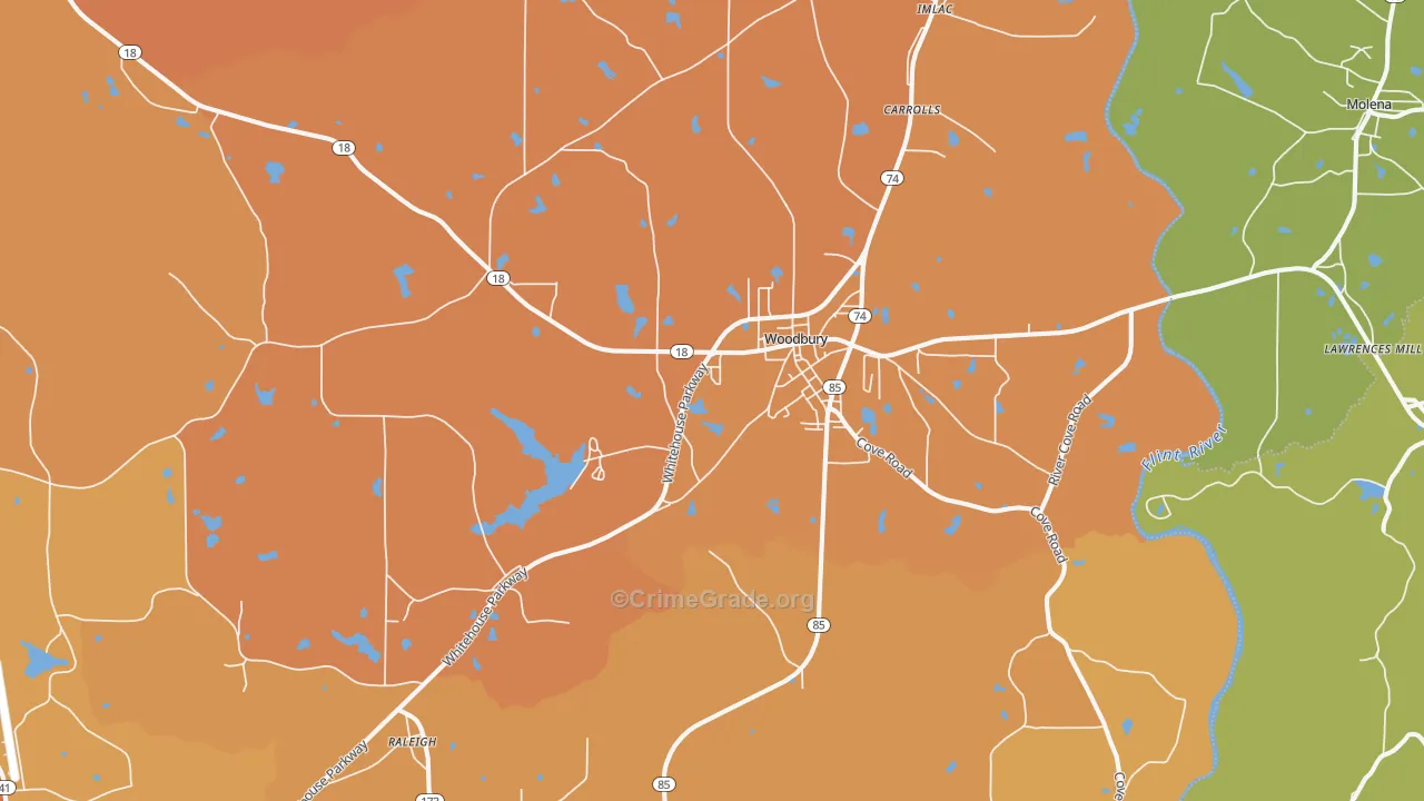Woodbury, GA Map of Burglary Rates