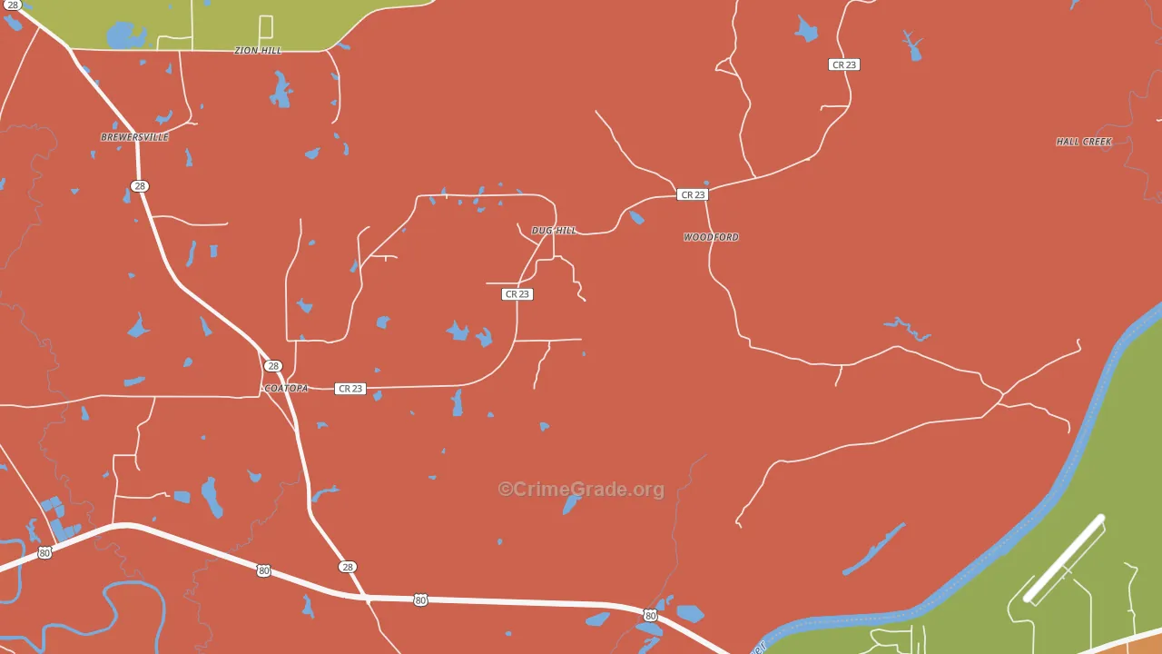 Woodford, AL Map of Burglary Rates