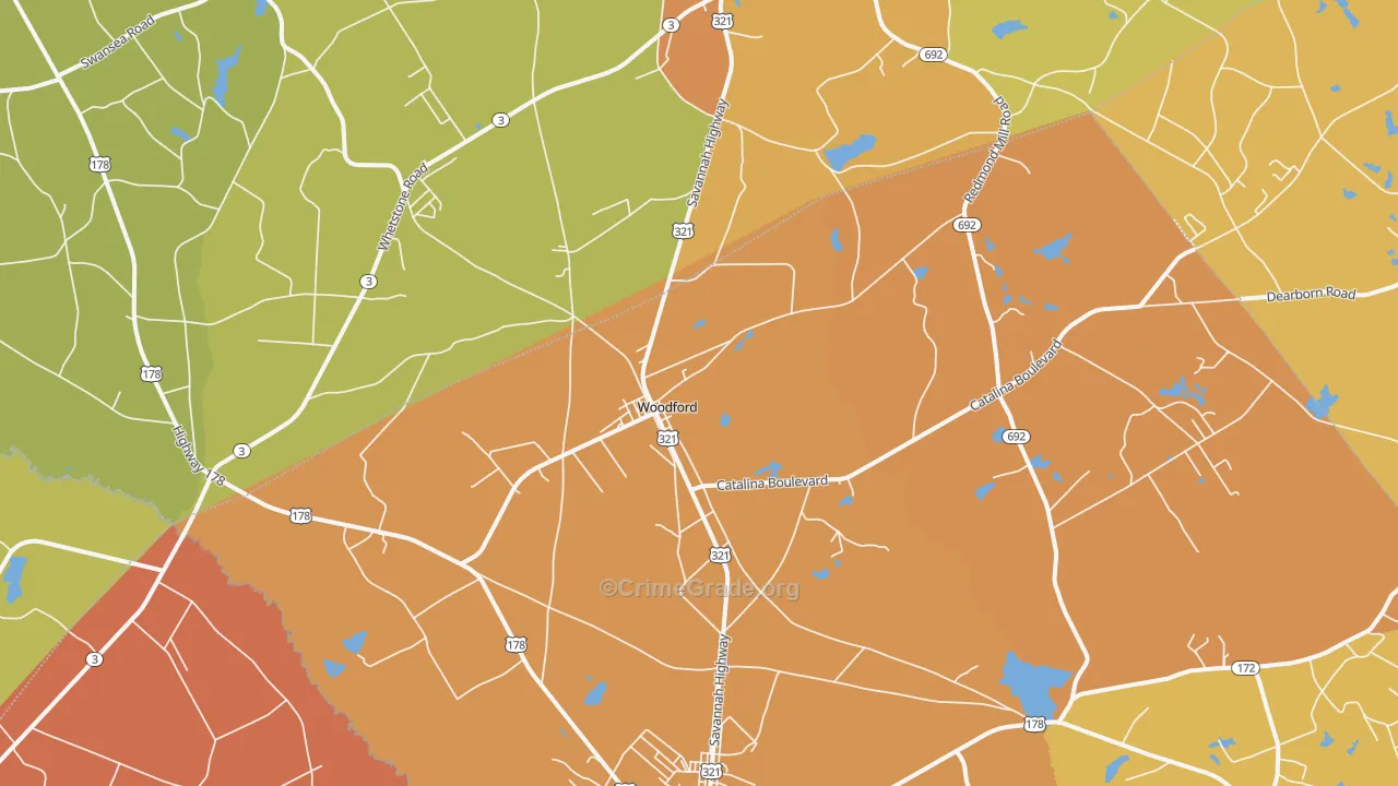 Woodford, SC Map of Burglary Rates