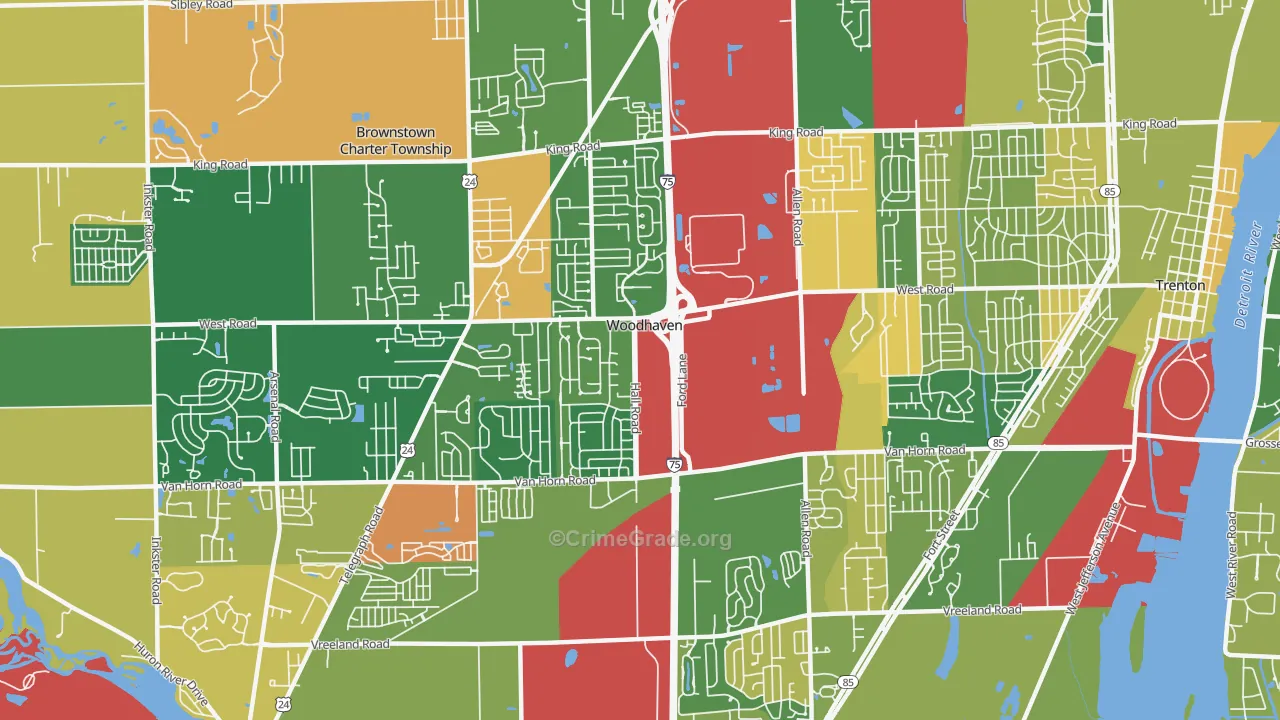 Woodhaven, MI Map of Burglary Rates