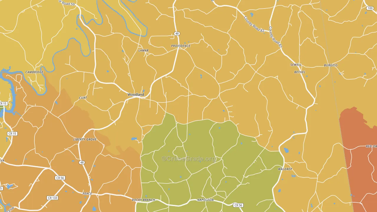 Woodland, AL Map of Burglary Rates