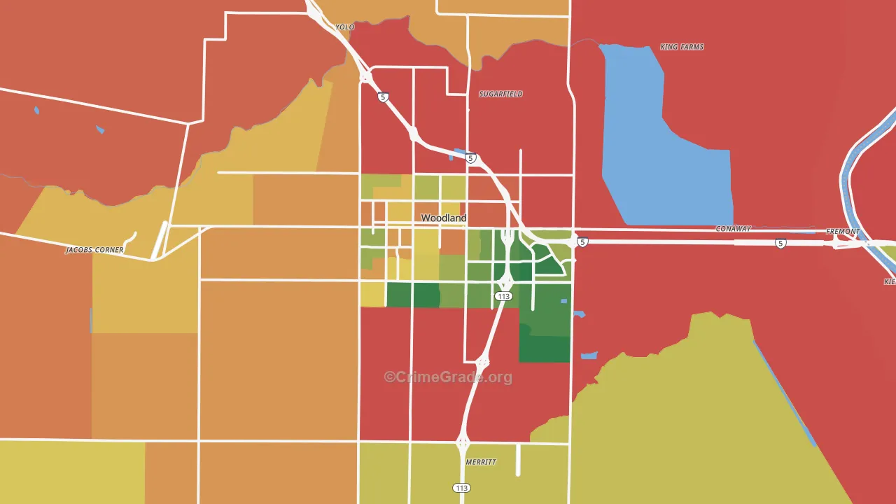 Woodland, CA Map of Burglary Rates