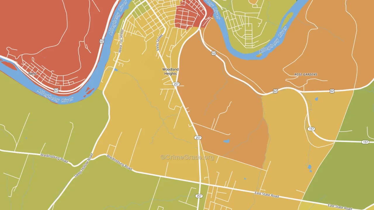 Woodland Heights, PA Map of Burglary Rates
