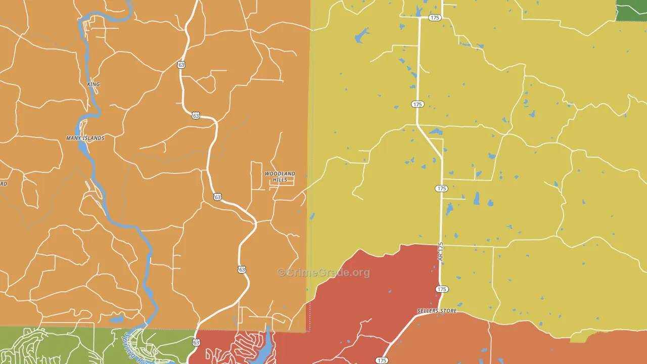 Woodland Hills, AR Map of Burglary Rates