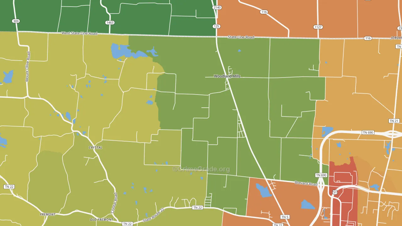 Woodland Mills, TN Map of Burglary Rates