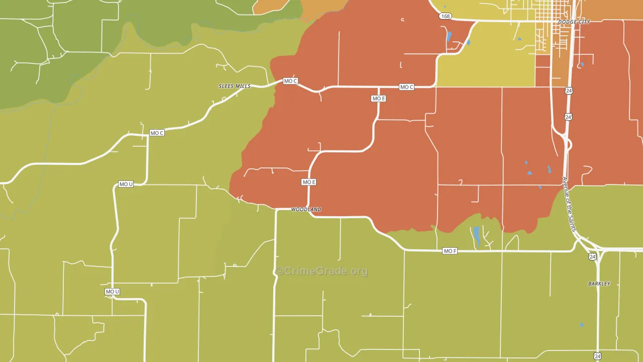 Woodland, MO Map of Burglary Rates