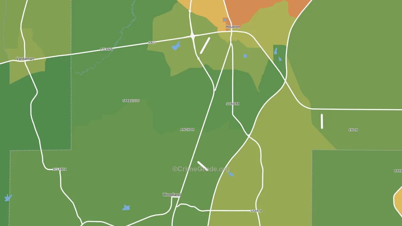 Woodland, MS Map of Burglary Rates