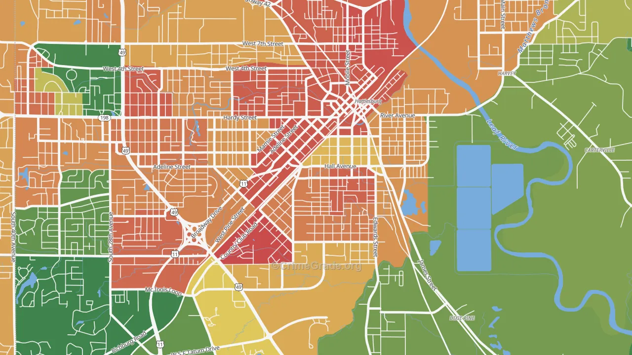 Woodlawn Court, Hattiesburg, MS Map of Burglary Rates