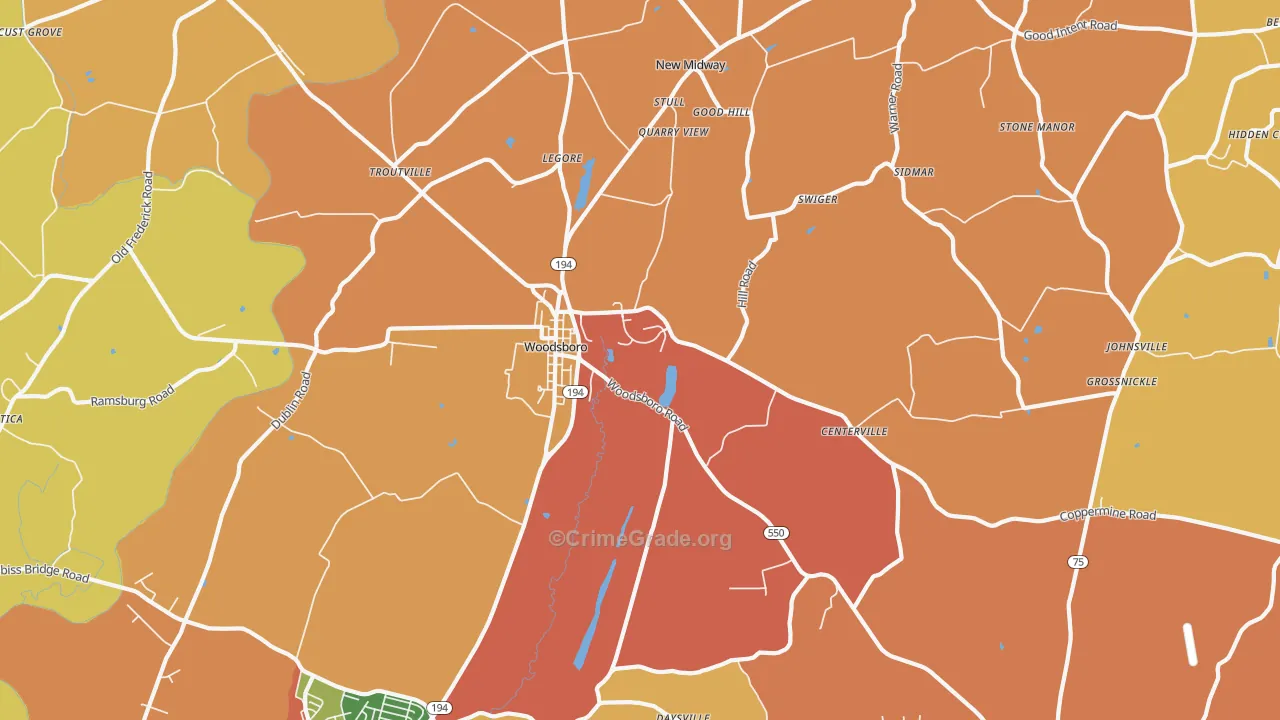 Woodsboro, MD Map of Burglary Rates